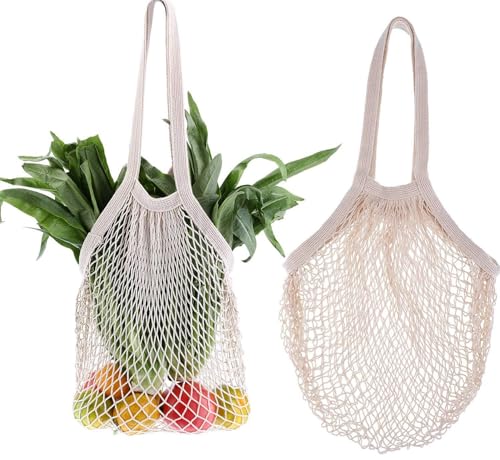 PIQIUQIU 2 Stück Mesh-Einkaufstüten Baumwollschnur-Einkaufstaschen Wiederverwendbare Produktnetzbeutel für Gemüse- und Obstbeutel von PIQIUQIU