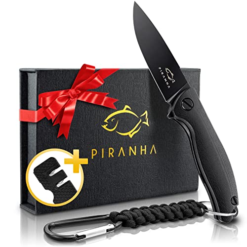 PIRANHA Outdoor Klapp-Jagdmesser - Einhandmesser Liner Lock - D2 Stahl - Outdoor Survival Messer Schwarz beschichtet - mit Clip - Taschenmesser inkl. Schärf Werkzeug von PIRANHA