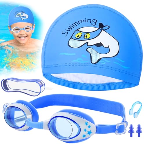 PIWOSGOL Kinder Schwimmbrille Badekappe Set, Schwimmbrille Kinder, Swimming Cap Goggles Set mit Schwimmbrille Kinder NaseClip Ohrstöpsel, Anti UV-Schutz Kein Leck Schwimmbrillen für Jungen Mädchen von PIWOSGOL