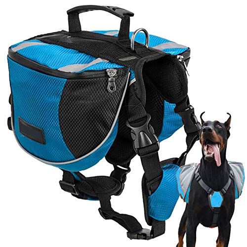 PJDDP Hunderucksack Hundetasche Hund Packtaschen Doppeltasche Satteltasche Für Hound Travel Outdoor Hund Rucksack Reflektierende Verstellbarer Hundegeschirrtasche Für Mittlere Und Große Hund,Blau,M von PJDDP