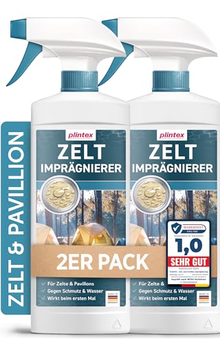 PLINTEX® 2x580ml Zelt & Pavillon Imprägnierung | Imprägnierspray für Zelte, Markisen, Sonnenschirm oder Pavillons | effektiver Flächen- & Nahtdichter für Zelte | dermatologisch getestet & atmungsaktiv von PLINTEX