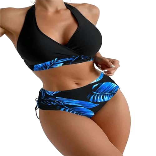 PLIOUASZ Bikini Damen Frauenbadeanzug Halfterhaltergurt Bikini Rückenfreier Riemchen Badeanzug Hoher Taille Badeanzug-blau-XL von PLIOUASZ