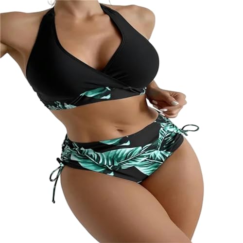 PLIOUASZ Bikini Damen Frauenbadeanzug Halfterhaltergurt Bikini Rückenfreier Riemchen Badeanzug Hoher Taille Badeanzug-grün-XL von PLIOUASZ