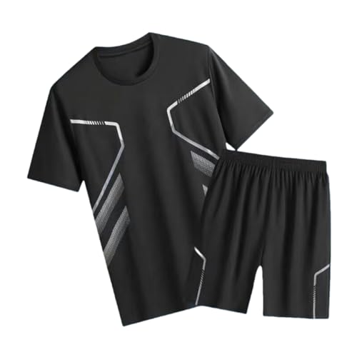 PLOZINDA Sportbekleidung für Herren Sportanzug Herren Sommerlaufausrüstung Schnelltrocknend Kurzärmelige T-Shirt Sporttraining Fitness-Kleidung-Schwarz-L von PLOZINDA