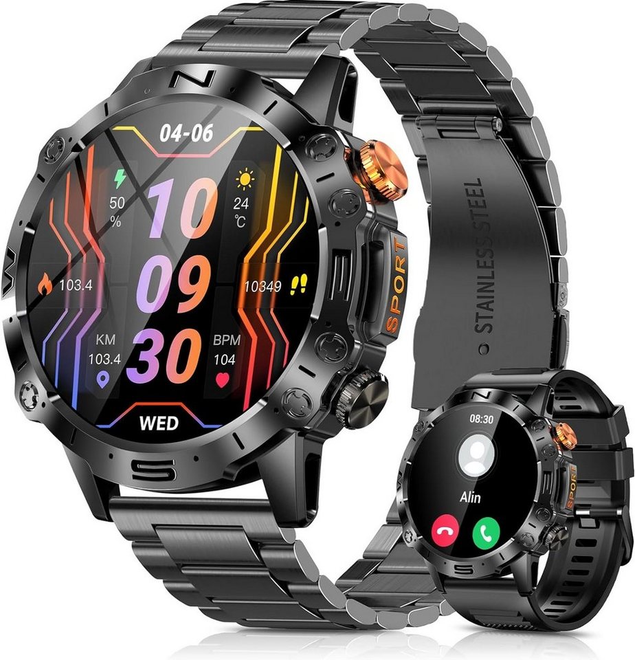 PODOEIL Männer's Smartwatch (1,43 Zoll, Android / iOS), Mit Blutdruckmessgerät, Always-On Display und über 100 Sportmodi von PODOEIL