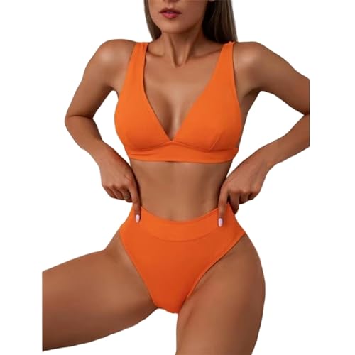 POECE Bikini Damen Set Bikini Hohe Taille Badeanzug Frauen Schubdosen -up -Badeanzug Bikini Set Beachwege-orange-XL von POECE