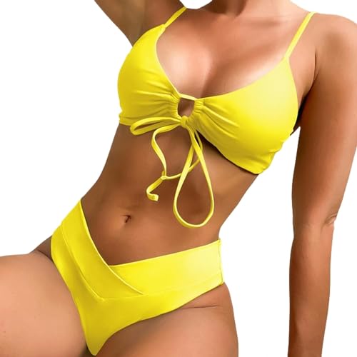 POECE Bikini Damen Set Hoch Elastischer Bikini-Set Für Sommer Zwei Stücke Schnüre-up Frauen Badeanzug Strandanzug Badeanzug Badebekleidung-gelb-m von POECE