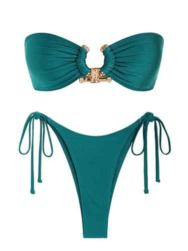 POECE Bikini Damen Set O Ring Badeanzug Für Die Krawattenseite Glänzende Bandeau Bikini Bikini Bikini Biobe Kleidung Gepolstert BH Top Low Tailled-grün-m von POECE