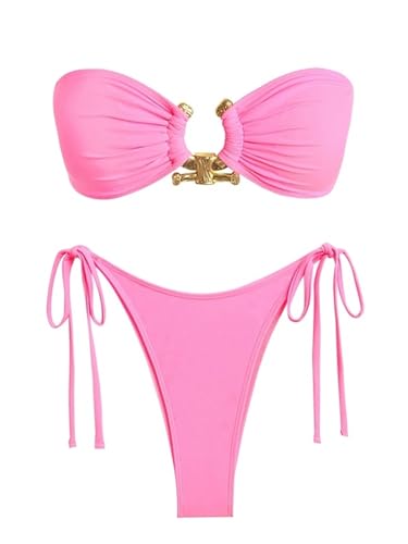 POECE Bikini Damen Set O Ring Badeanzug Für Die Krawattenseite Glänzende Bandeau Bikini Bikini Bikini Biobe Kleidung Gepolstert BH Top Low Tailled-licht P-xs von POECE