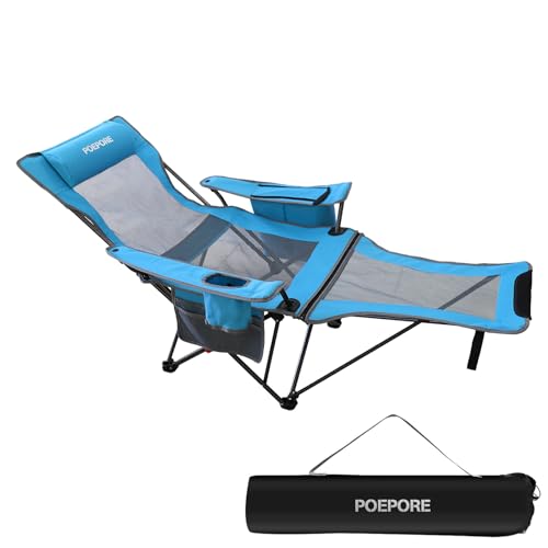POEPORE Campingstuhl Faltbar mit Fußstütze 4-Fach Campingstühle Strandstuhl Liegestuhl für Erwachsene 120kg Verstellbarer Klappbarer Angelstuhl mit Kühltasche Kissen Getränkehalter Blau von POEPORE