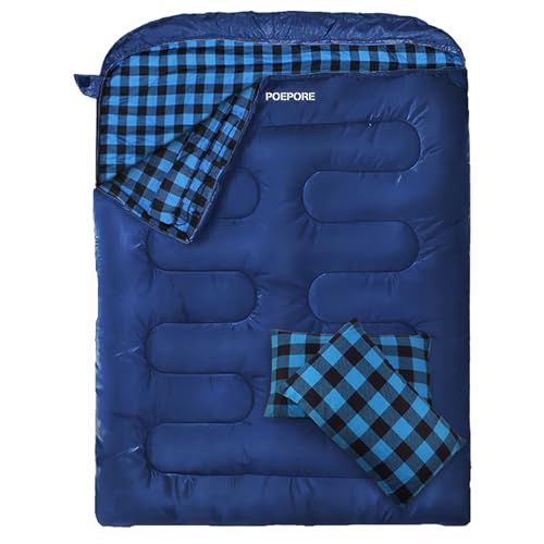 Poepore Doppelschlafsack Baumwolle für Erwachsene Deckenschlafsack 2 Personen Winter mit 2 Kissen und Tragetasche für Outdoor Camping Wandern 233 * 157CM Blau von POEPORE