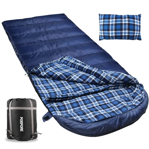 Poepore XXL Schlafsack Outdoor für Erwachsene 3–4 Jahreszeiten Baumwolle Flanellfutter Camping Schlafsäcke Winter Deckenschlafsack mit Kissen Wasserdichter und Warmer 230 x 90CM Dunkel Blau von POEPORE