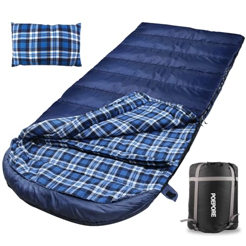 Poepore XXL Schlafsack Outdoor für Erwachsene 3–4 Jahreszeiten Baumwolle Flanellfutter Camping Schlafsäcke Winter Deckenschlafsack mit Kissen Wasserdichter und Warmer 230 x 90CM Dunkel Blau von POEPORE