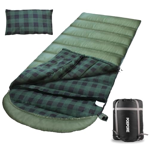 Poepore XXL Schlafsack Outdoor für Erwachsene 3–4 Jahreszeiten Baumwolle Flanellfutter Camping Schlafsäcke Winter Deckenschlafsack mit Kissen Wasserdichter und Warmer 230 x 90CM Grün von POEPORE