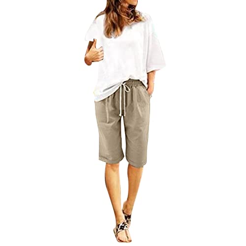 Leinenshorts Damen Boho Knielang mit Tunnelzug Kurze Hose Leinen Bermuda Shorts Sommershorts High Waist Sommer Lose Radlerhose Große Größen Damen-Shorts Sport Biker Strand Yoga Shorts Leinenhose von POIUIYQA