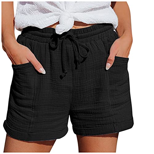 POIUIYQA Shorts Damen Sommer High Waist Kordelzug Elastische Taille Lässig Kurze Hose Shorts mit Taschen von POIUIYQA