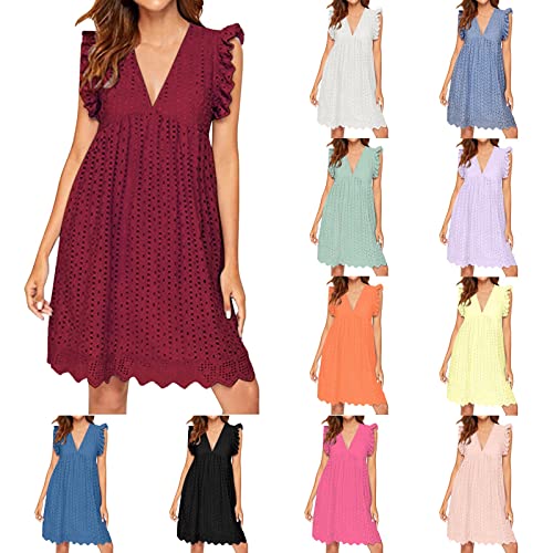 POIUIYQA Sommerkleid Damen Lang Einfarbig Knopf Midikleid Freizeitkleid Sommer V-Ausschnitt Kurzarm Shirt Kleid von POIUIYQA