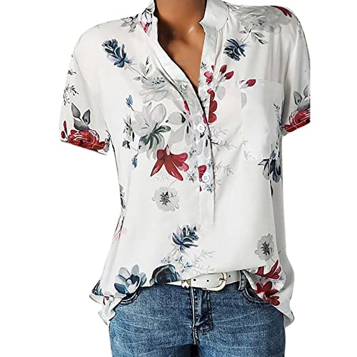 POIUIYQA Tuniken für Damen Bluse Kurzarm V-Ausschnitt Hemdbluse Sommer Shirt Blumen Knopfleiste Tunika Tops Oversize Locker Oberteil Longshirt Hemd von POIUIYQA