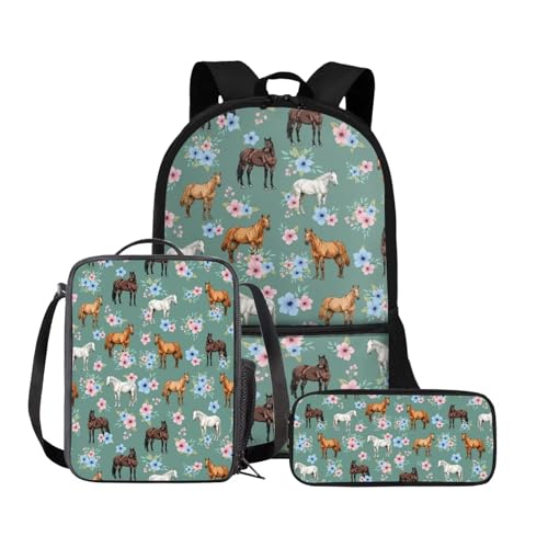 POLERO Cartoon-Rucksack für Kinder, Jungen, Büchertaschen-Set mit Lunchbox, Federmäppchen, Schulbedarf für Mädchen, Pferde und Blumen, Einheitsgröße, Schulranzen-Set von POLERO
