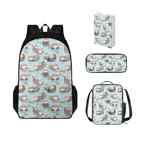 POLERO Dinosaurier-Rucksäcke für Jungen, Vorschule, Büchertasche und Lunchbox, 4 Stück, Schultaschen für Mädchen, Otter-Muster, Einheitsgröße, Schulranzen-Set von POLERO