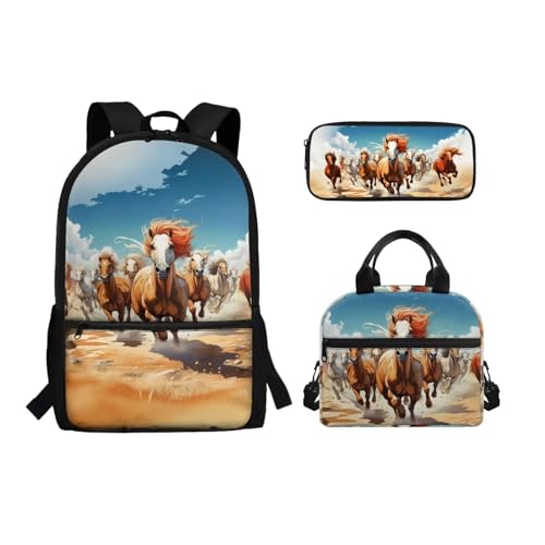 POLERO Kinder-Büchertasche und Lunchbox mit Federmäppchen für Mädchen und Jungen, Schulrucksäcke, 3-teiliges Set, Pferde laufen, Einheitsgröße, Schulranzen-Set von POLERO