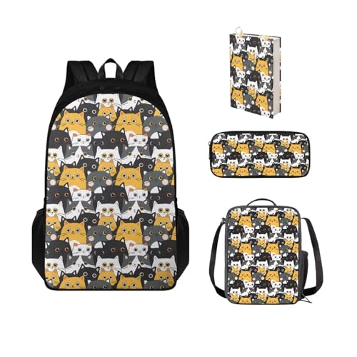 POLERO Mädchen-Rucksack mit Lunchtasche, Federmäppchen, Buchhülle für Kinder, Schultaschen-Set, Büchertaschen für Jungen, Katzen-Cartoon, Einheitsgröße, Schulranzen-Set von POLERO