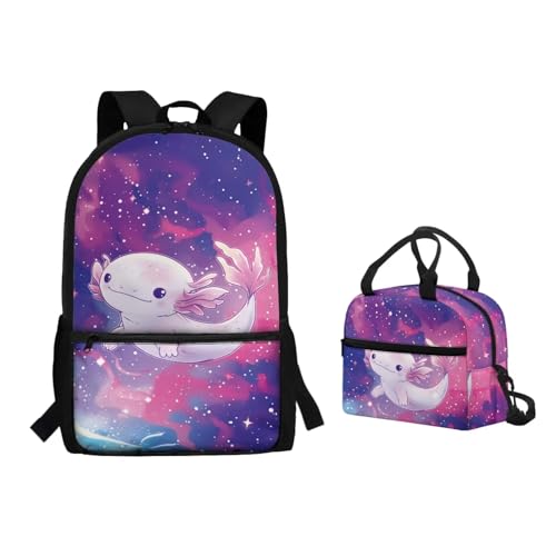 POLERO Niedlicher Rucksack mit Lunchbox, Schultaschen für Kinder, Mädchen, lässiger Tagesrucksack, leichte Büchertasche für Jungen, Axolotl Galaxy, Einheitsgröße, Schulranzen-Set von POLERO