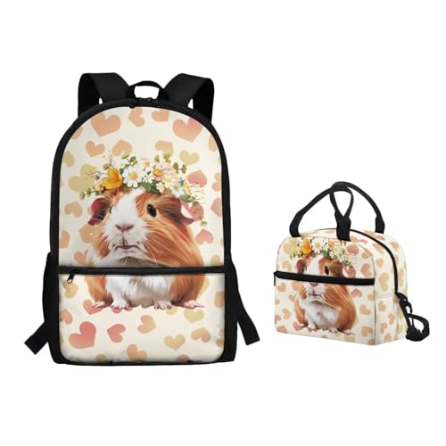 POLERO Niedlicher Rucksack mit Lunchbox, Schultaschen für Kinder, Mädchen, lässiger Tagesrucksack, leichte Büchertasche für Jungen, Meerschweinchen-Herz, Einheitsgröße, Schulranzen-Set von POLERO