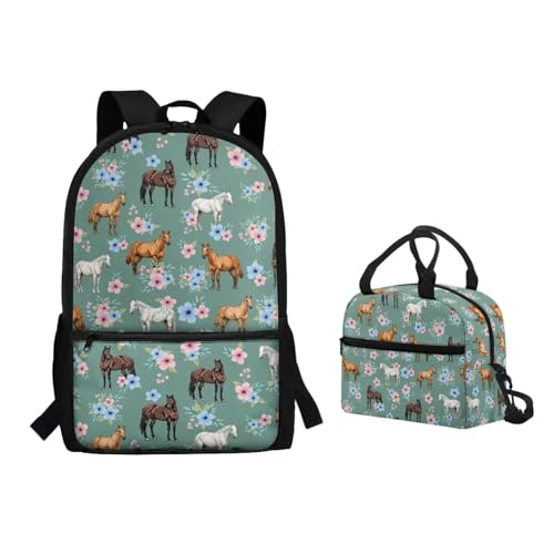POLERO Niedlicher Rucksack mit Lunchbox, Schultaschen für Kinder, Mädchen, lässiger Tagesrucksack, leichte Büchertasche für Jungen, Pferde und Blumen, Einheitsgröße, Schulranzen-Set von POLERO