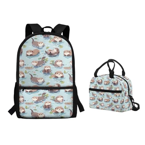 POLERO Niedlicher Rucksack mit Lunchbox, Schultaschen für Kinder, Mädchen, lässiger Tagesrucksack, leichte Büchertasche für Jungen, Seeotter-Muster, Einheitsgröße, Schulranzen-Set von POLERO