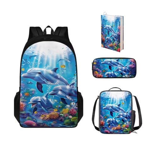 POLERO Rucksack für Jungen und Mädchen, 3D-Druck, Schultaschen für Kinder, Büchertasche mit Lunchbox, Federmäppchen, Buchhülle, Delfine, Seefisch, Einheitsgröße, Schulranzen-Set von POLERO
