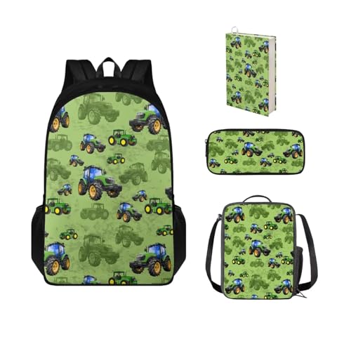 POLERO Rucksack für Jungen und Mädchen, 3D-Druck, Schultaschen für Kinder, Büchertasche mit Lunchbox, Federmäppchen, Buchhülle, Traktor, Einheitsgröße, Schulranzen-Set von POLERO