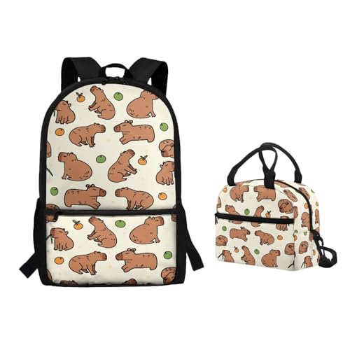 POLERO Rucksäcke für Mädchen, Büchertaschen-Set mit Lunchbox, Kinder, Grundschulranzen-Set für Jungen, Capybara-Muster, Einheitsgröße, Schulranzen-Set von POLERO