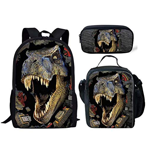 POLERO Schultasche Mittagessen Tasche Schlampermäppchen Set mit Tyrannosaurus Rex Dinosaurier Print für Kinder Junge Schule von POLERO