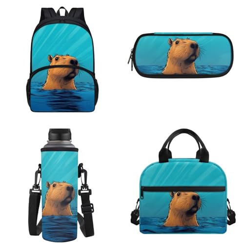 POLERO Schultaschen für Kinder, niedlicher Rucksack mit Lunchtasche, Wasserflasche, Federmäppchen, Capybara Blue, Einheitsgröße, Schulranzen-Set von POLERO