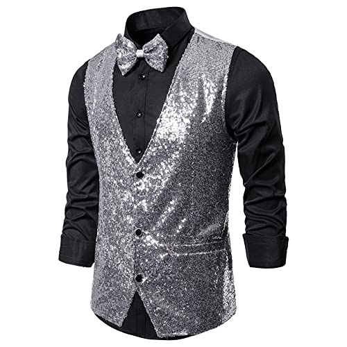 PONERY Anzugweste Für Herren - Frühling Herbst Männer Glänzend Gold Pailletten Glitzer Verzierte Blazer Weste Nachtclub Blazer Hochzeit Party Weste Bühne Sänger Kleidung Für Hochzeit/Busines von PONERY