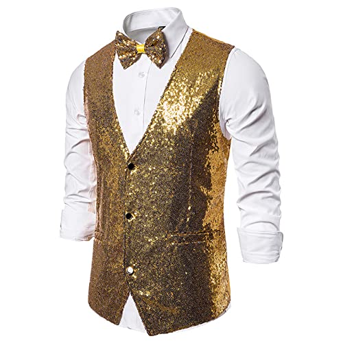 PONERY Anzugweste Für Herren - Frühling Herbst Männer Glänzendes Gold Pailletten Glitzer Verzierte Blazer Weste Nachtclub Blazer Hochzeit Party Weste Bühne Sänger Kleidung Für Hochzeit/Busin von PONERY