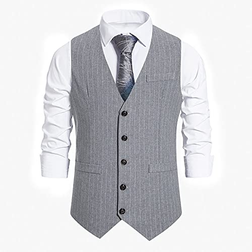 PONERY Anzugweste Für Herren - Männer Gestreifte Einreihige Anzug Westen Gentleman Vintage Weste Männer Business Casual Party Hochzeit Ballweste Männer, Hellgrau, XXL von PONERY