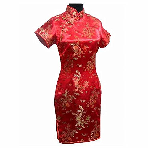 PONERY Cocktailkleider Für Damen - Frauen Sommer Kurze Kleid Chinesisch Satin Cheongsam Qipao Traditionelle Chinesische Kleid Orientalischer Stil Qipao Clubbing Kleid Party Brautkleider, Rot, S von PONERY
