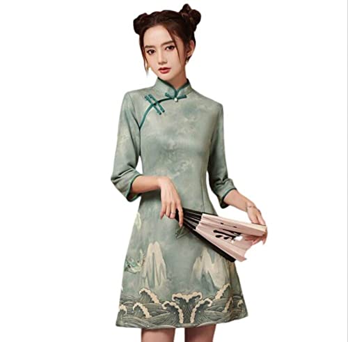 PONERY Cocktailkleider Für Damen - Spring Girl Qipao Slim Chinese Trendy Short Frauen Vintage Cheongsam National Style Mode Improve Print Kleid Grün, Wie Gezeigt, S von PONERY
