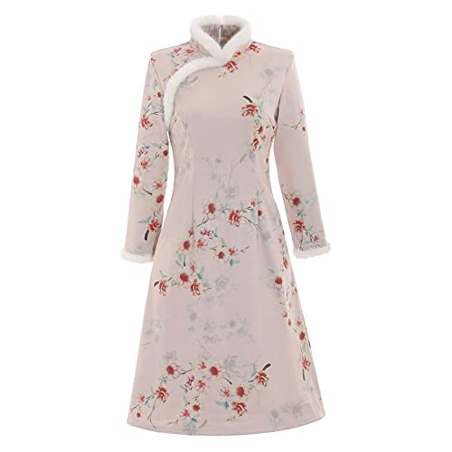 PONERY Cocktailkleider Für Damen - Wildleder Plus Mittellang Langärmelig Warmer Pelzkragen Täglich Cheongsam Herbst Winter Verbessertes Chinesisches Stil Kleid Qipao Hochzeit Gast Kleid, Wie Gez von PONERY