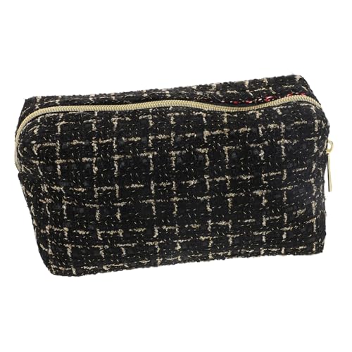 POPETPOP Kosmetiktasche Groß Polyester und Leinen Praktische Aufteilung Vielseitig als Make Up oder Reisetoilettenbeutel Modisch und Kompakt für Frauen Unterwegs Klassisch Schwarzes Design von POPETPOP