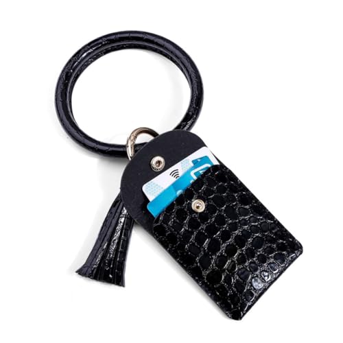 POPETPOP PU Geldbörse Münzbörse mit Krokodilprägung Großer Ring Armband Schlüsselanhänger Mini Kartenetui mit Überschlagverschluss Damen Geldbörse in Schwarz Vielseitig und Modisch von POPETPOP
