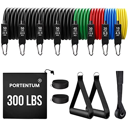 PORTENTUM Resistance Bands Widerstandsbänder, 300 Pfund, 17 Widerstandsbänder für Yoga Calisthenic Gym Crossfit TRX Pilates, Gymnastik zu Hause, elastische Gummibänder, mit Knöcheln und Türgriff von PORTENTUM