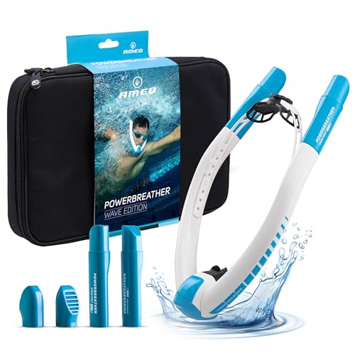 AMEO POWERBREATHER Wave - Atem Trainingsgerät fürs Schwimmbecken und Freiwasser mit 100% Frischluft für Erwachsene und Kinder - Schnorchelset mit intelligentem Ventilsystem und 100% trockener Atemluft von POWERBREATHER