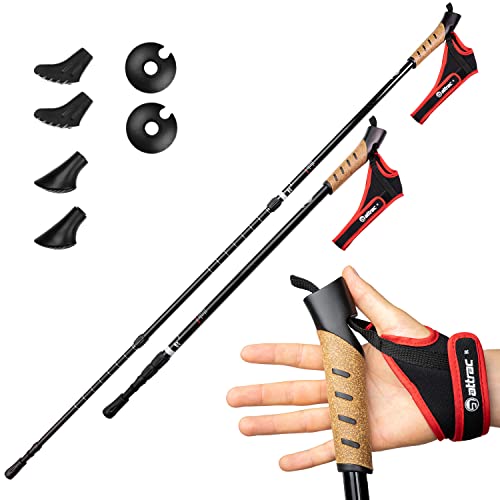 Attrac Nordic Walking Classic (Schwarz-Rot) Wanderstöcke 69-136cm I Trekkingstöcke Aluminium Stöcke mit Anti-Shock Dämpfung I Teleskop verstellbar & leicht mit Workout und App I Opt. Tragetasche von POWRX