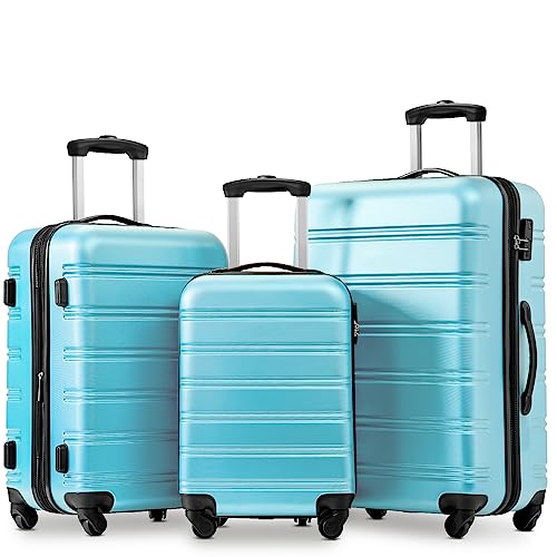 POYHKFD Set mit 3 Hartschalenkoffern aus ABS, Trolley, Gepäck, Kabine mit 4 Rollen, leise um 360 °, Gepäck mit seitlichem Griff, ausziehbar, Universal Wheel, blau, Modern von POYHKFD