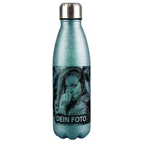 PR Print Royal Edelstahl-Trinkflasche Bedrucken - Glitzer-Trinkflasche personalisiert mit Foto - Thermosflasche, Wasserflasche BPA-frei, Camping, Schule | Personalisiertes Geschenk, Türkis 500 ml von PR Print Royal