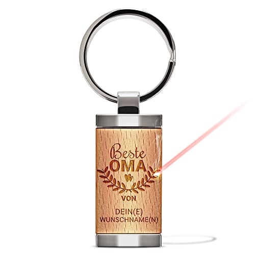 Personalisierter Schlüsselanhänger mit Gravur - Beste Oma von Wunschnamen - personalisiertes Geschenk für Oma zum Geburtstag | 24 x 48 mm, Metall-Anhänger mit Echtholz, Lasergravur von PR Print Royal