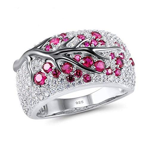 Damen 925 Sterling Silber Ringe,Vintage Fashion Pink Plum Werk Form Ring Für Damen Party Zubehör Vening Kleid Match Hochzeit, 10 (Durchmesser 19,8 Mm) von PRAK